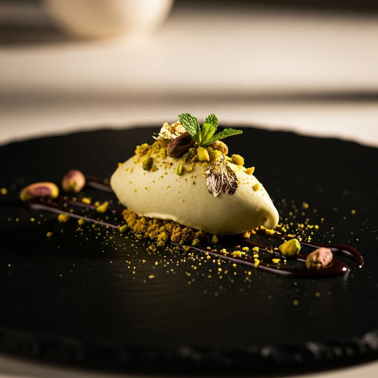 Gourmet pistachio gelato quenelle with crushed pistachios, gold leaf and dark chocolate on a slate plate