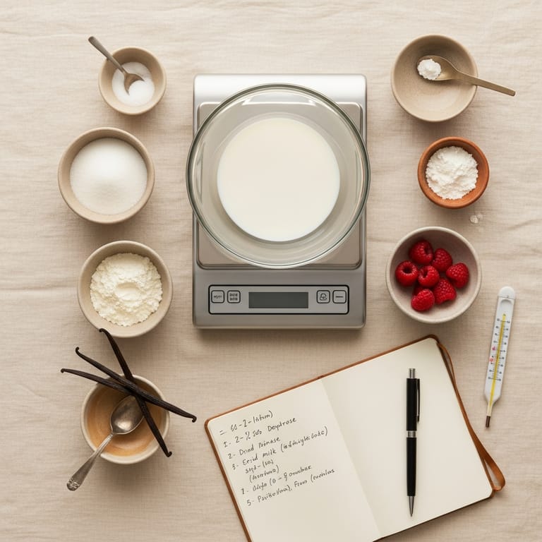Gelato lab workbench with a kitchen scale, milk, sugar, dextrose, vanilla and a notebook of ratios