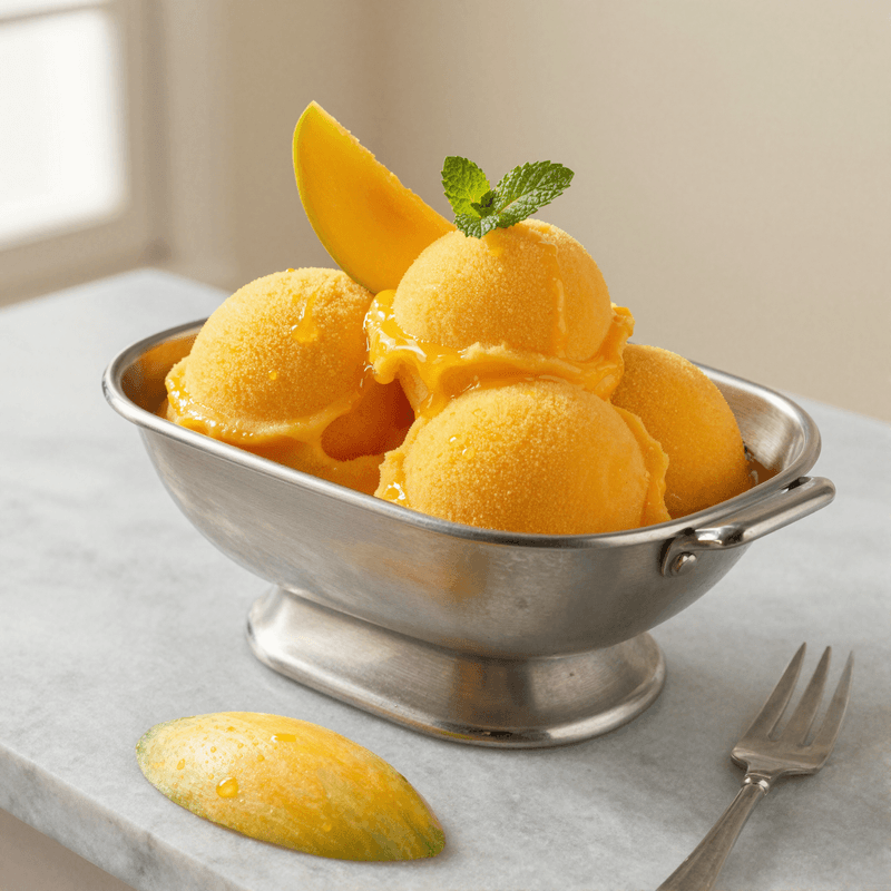 Mango sorbet in a stainless steel pan