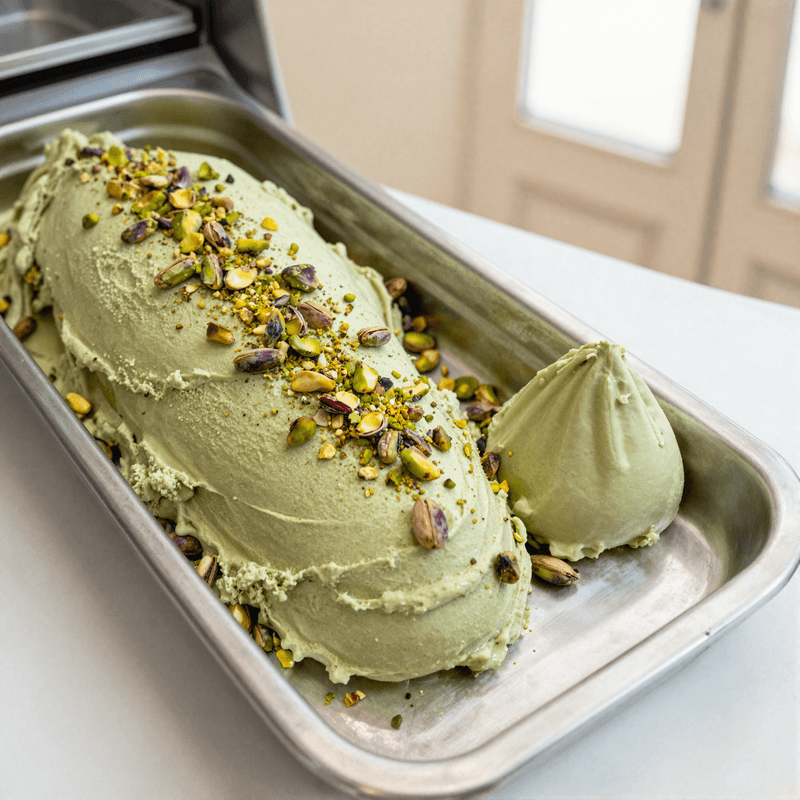 Pistachio Sicilian gelato in a stainless steel pan