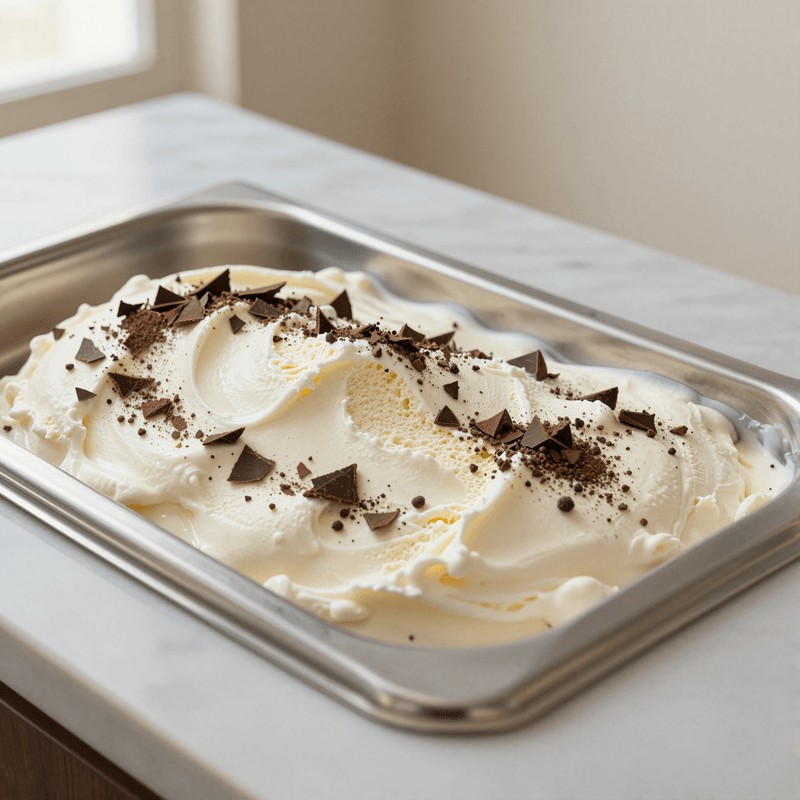 Stracciatella gelato with chocolate shards in a stainless steel pan