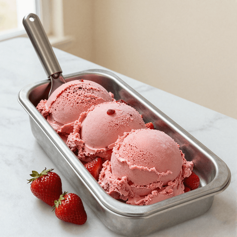 Strawberry gelato in a stainless steel pan